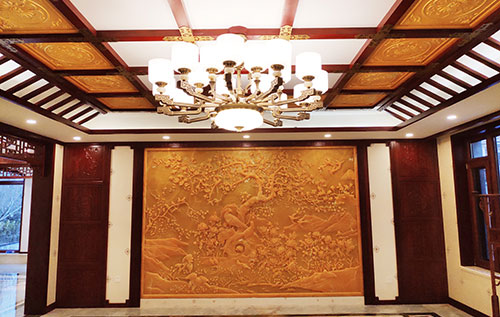 巨野中式别墅客厅中式木作横梁吊顶装饰展示